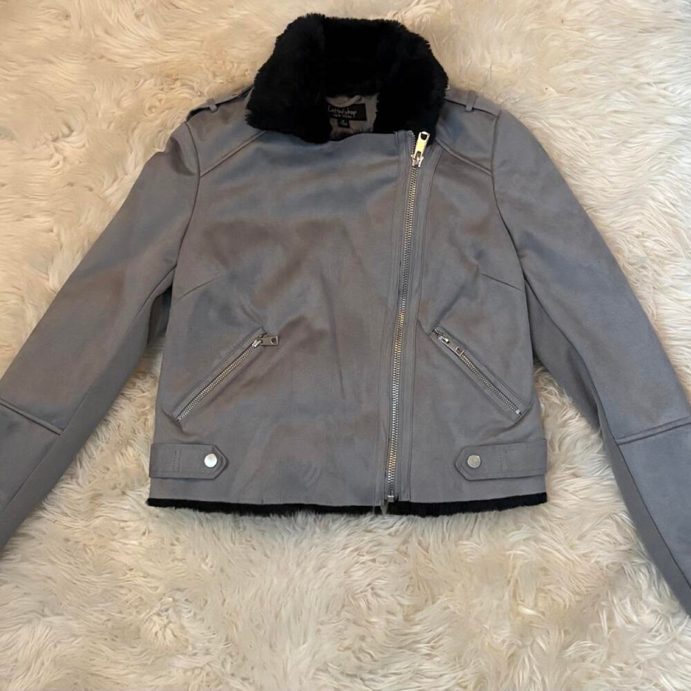 Coffee Shop New York Grey Suede Moto Biker Jacket - Black Faux Fur size medium